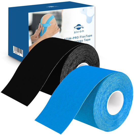 Zwei Rollen Kinesiologie Tape mit Verpackungskarton in blau und schwarz