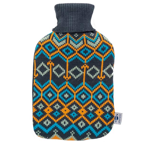 Hot water bottle with cover - dark blue diamond pattern knit - 33x20 cm