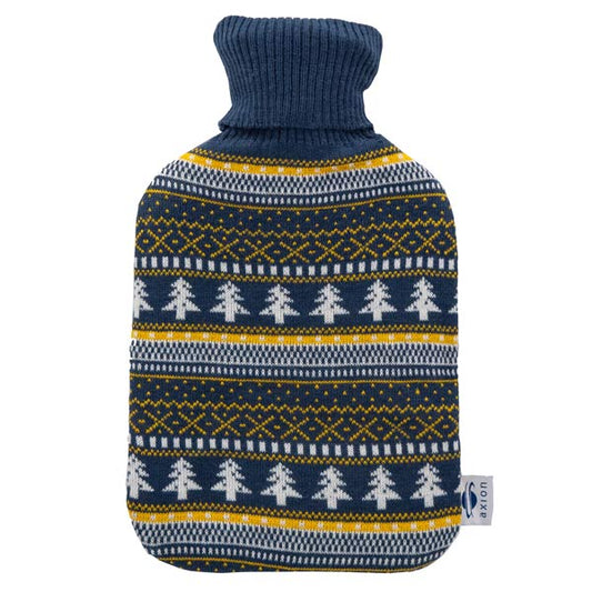 Hot water bottle with cover - dark blue knit with pine tree pattern - 33x20 cm