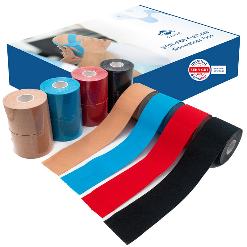 Axion Kinesiologie-Tape Kinesio-Tapes selbstklebend - Wasserfeste Tapes, 4 Farben (Set, 12-St) MEDIZINPRODUKT, Physiotape, Sporttape Bandage